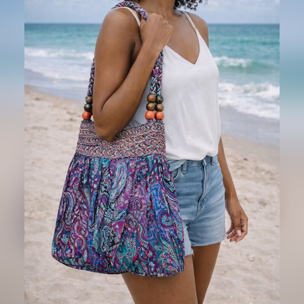Sun ‘n' Sand Satchel Boho Purse Beaded & Woven Handel/Trim‎ Purple Paisley